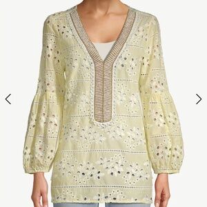 CHICO'S Women’s Light Yellow Embellished Eyelet Tunic Shirt Sz-L